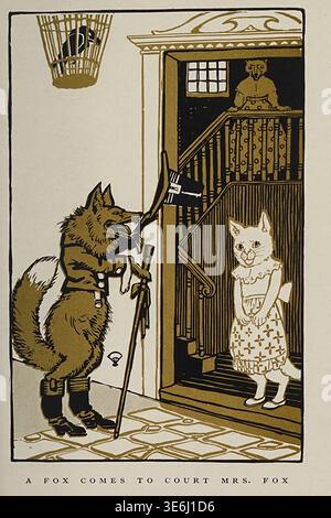Renard anthropomorphe dans les tribunaux d'uniforme militaire une dame de chat dans un tablier à une porte de maison, scène de conte de fées vintage. Illustré par Frank A. Nankivell à partir d'Un livre de renards de conte de fées ; sélections de récits folkloriques préférés édités par Clifton Johnson, 1914 Banque D'Images