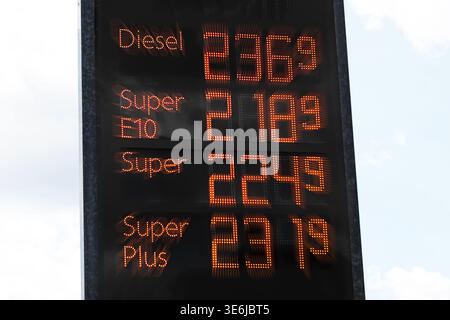 Prix du gaz sur le panneau de la station-service en Allemagne. Explosion des prix du diesel et du super carburant symbolisée par l'effet zoom. Banque D'Images