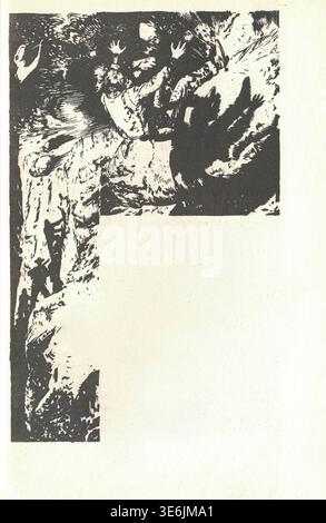 Illustration dramatique gravée sur bois de personnes luttant et tombant dans une scène chaotique. Une gravure sur bois dure en noir et blanc représente des personnages en détresse, avec les mains tendues et un sentiment de danger. Banque D'Images