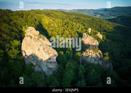 Vue aérienne de la formation rocheuse baignée par la lumière chaude du soleil parmi la forêt verdoyante et les collines ondulantes. Rochers Dovbush, montagnes des Carpates, Ukraine. Banque D'Images