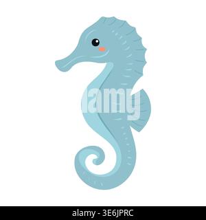 Illustration de dessin animé mignonne d'un hippocampe bleu avec un visage souriant et une queue recourbée, avec un corps bleu clair et des ailerons, isolé sur un fond blanc Illustration de Vecteur