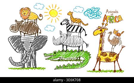Ensemble de dessins animés d'animaux africains pour dessins d'enfants. Dessiné à la main. Pas ai, illustration vectorielle. Illustration de Vecteur