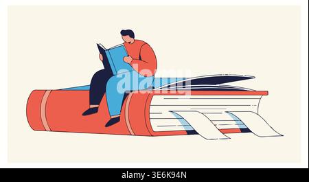 Personne assise sur la pile de livres illustration, éducation et concept d'apprentissage Illustration de Vecteur
