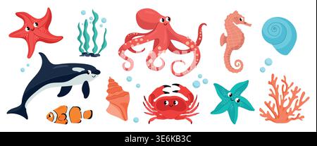 Animaux marins de dessin animé mignons avec étoile de mer de crabe de poulpe de baleine et coquillages pour la conception d'enfants Illustration de Vecteur