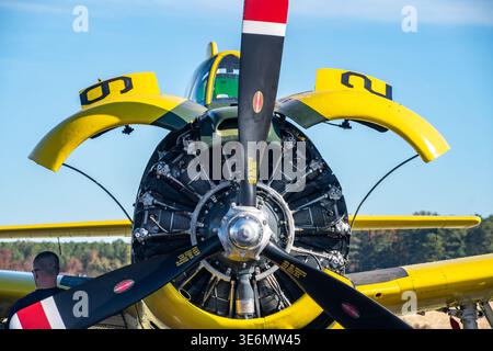 Vue rapprochée d'un avion jaune d'époque montrant son hélice à trois pales et son moteur radial exposé lors d'un spectacle aérien extérieur. Couleurs vives et mecha Banque D'Images