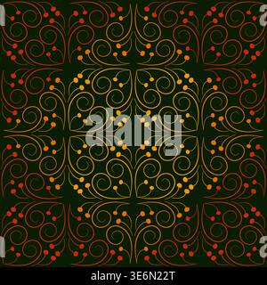 Motif de kaléidoscope sans couture de lignes courbes. Boucles orange sur fond vert foncé. Baies stylisées. Décor d'automne vert foncé fantaisie. Ethnique rustique Illustration de Vecteur