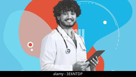Docteur tenant une tablette dans un fond coloré avec des formes abstraites et des motifs Banque D'Images