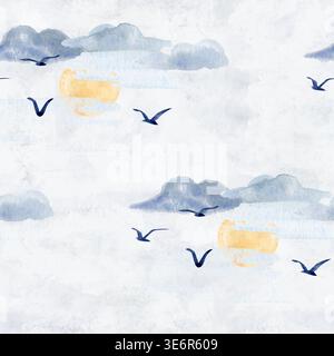 Motif sans couture de ciel minimal avec nuages, soleil et oiseaux sur fond texturé, illustration d'aquarelle peinte à la main. Design léger et aéré pour le tissu Banque D'Images