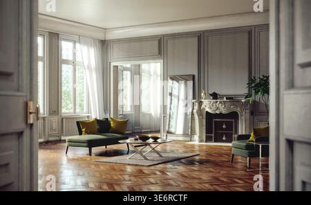 Élégant intérieur classique avec mobilier moderne, parquet à chevrons, cheminée et lumière naturelle. Concept pour la vie de luxe et le design d'intérieur. Banque D'Images