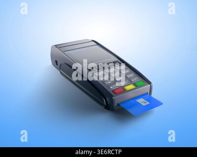 Terminal POS moderne avec une carte de crédit bleue insérée. Concept pour les paiements de détail, les services bancaires numériques et les transactions financières. Banque D'Images