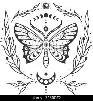 Papillon de nuit céleste boho avec des lunes et des étoiles en croissant. Illustration mystique vectorielle vintage pour l'art du tatouage, les affiches de sorcellerie et les graphiques ésotériques. Illustration de Vecteur