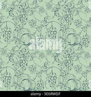 Fûts de chêne pour le stockage en cave à vin, vignes avec grappes de raisin en surplomb à récolter, feuilles botaniques. Main d'illustration vectorielle de motif sans couture Illustration de Vecteur