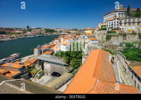 Vue aérienne du fleuve Douro serpentant à travers Porto, reflétant le ciel dégagé, avec des toits en terre cuite et des bâtiments historiques descendant en cascade jusqu'au Wat Banque D'Images
