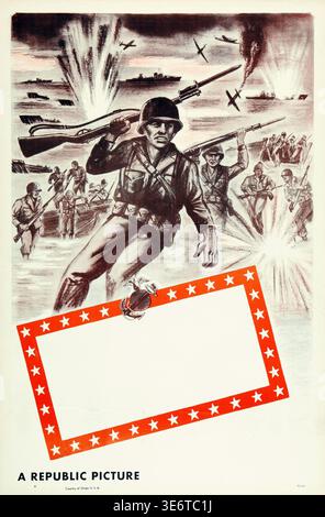 Cette affiche de film de 1948 pour a Republic Picture dépeint une scène intense de débarquement sur la plage de la seconde Guerre mondiale avec des soldats, des cuirassés et des avions sous le feu. L'illustration met l'accent sur l'action et l'héroïsme avec un cadre proéminent pour le texte, probablement pour le titre du film et les crédits. Banque D'Images