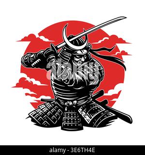 Illustration vectorielle d'un guerrier samouraï en armure tenant un katana. Style japonais traditionnel avec soleil rouge et nuages. Conception graphique pour t-shirt imprimé ou poster. Illustration de Vecteur