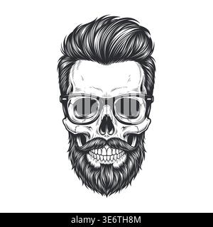 Illustration vectorielle de crâne hipster avec coupe de cheveux élégante, barbe soignée et lunettes. Graphique monochrome pour les impressions de t-shirts, logos de barbershop, vêtements streetwear, autocollants et designs vintage. Illustration de Vecteur