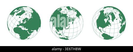 Ensemble de trois globes vectoriels de carte du monde montrant différents continents en couleur vert foncé avec grille géographique. Icônes des sphères terrestres mondiales pour le commerce international, la logistique et la géographie. Illustration de Vecteur