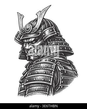Illustration vectorielle complexe d'un samouraï japonais dans un casque de kabuto et un masque de menpo. Gravure vintage détaillée avec hachures sur bois. Esprit Bushido pour les impressions de t-shirts, tatouages ou affiches. Illustration de Vecteur