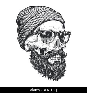 Illustration vectorielle d'un crâne hipster dans un bonnet tricoté et des lunettes avec une barbe complète. Motif monochrome pour les imprimés de vêtements, les autocollants et la marque de style de vie urbain. Isolé sur blanc.. Illustration de Vecteur