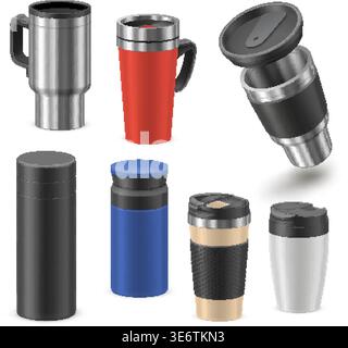 Tasse thermo réaliste. maquette de tasse de gobelet 3d, thermos de voyage café eau boisson thermique en acier inoxydable réutilisable flacon isolé bouteille en métal couvercle paille garish illustration vectorielle illustration originale Illustration de Vecteur