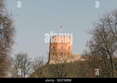La tour de Gediminas est la partie restante du château supérieur au sommet de la colline de Gediminas à Vilnius, en Lituanie. Il dispose d'une plate-forme d'observation qui offre une vue panoramique sur la vieille ville de Vilnius et le quartier central des affaires de Vilnius. Banque D'Images