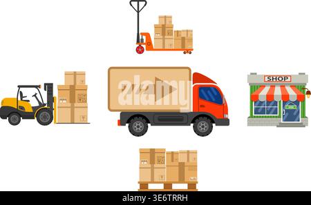 Infographie de concept de livraison et de stockage avec palette plate Icons avec boîtes et processus de livraison en magasin. illustration vectorielle Illustration de Vecteur