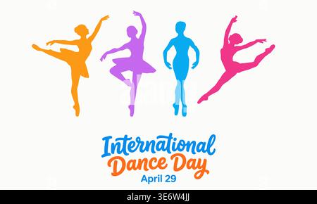 Des silhouettes colorées de danseurs joyeux sautent et posent pour célébrer la Journée internationale de la danse le 29 avril. Les figures dynamiques évoquent l'énergie, l'unité, un Illustration de Vecteur