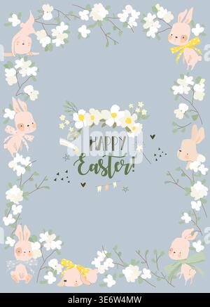 Cadre de Pâques avec fleurs et lapins Illustration de Vecteur