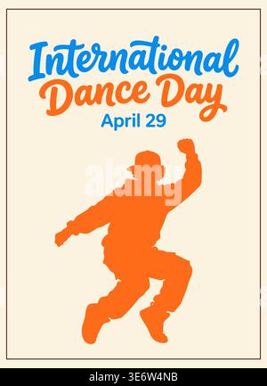 Une silhouette orange éclatante saute pour célébrer la Journée internationale de la danse le 29 avril. La pose dynamique capture l'énergie, la liberté et la passion de Illustration de Vecteur
