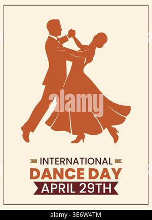 Une silhouette orange vibrante d'un couple gracieusement dansant de salle de bal, célébrant la Journée internationale de la danse le 29 avril. La pose élégante capture le mouvement Illustration de Vecteur