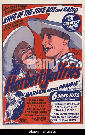 Affiche lithographique couleur vintage pour le film de 1937 'Harlem on the Prairie' mettant en vedette Herbert Jeffries, connu sous le nom de 'Bronze Buckaroo'. La composition représente Jeffries et Connie Harris en tenue occidentale sur un fond de soleil rouge. Publié par Toddy Pictures Co., cette production est reconnue comme le premier WESTERN musical 'all-black cast'. L'affiche énumère les succès des chansons, y compris Romance in the Rain et Albuquerque, et crédite Mantan Moreland, F.E. Miller, Connie Harris, The four Tones et The four Blackbirds. Banque D'Images