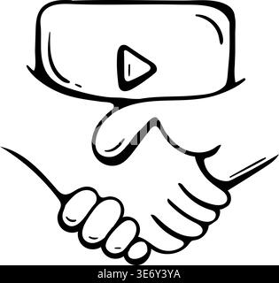 Icône Partenariat vidéo et accord média. Poignée de main avec bouton lecture pour le marketing d'influence, le sponsoring et la collaboration de contenu Illustration de Vecteur
