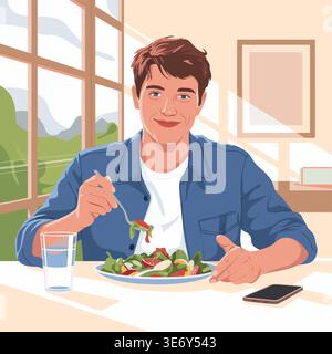 Illustration d'un homme souriant profitant d'une salade saine avec un verre d'eau et un téléphone sur la table dans une pièce bien éclairée. Illustration de Vecteur