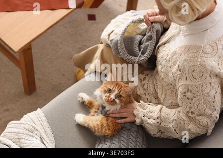 Femme senior avec chat mignon en tricot de pull sur canapé à la maison, vue de dessus Banque D'Images