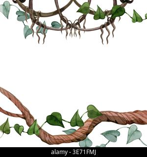 Cadre aquarelle dessiné à la main de vignes de jungle tropicales et de branches de liane avec des feuilles de lierre vert. Frontière botanique réaliste pour mariage sur le thème de la nature Banque D'Images