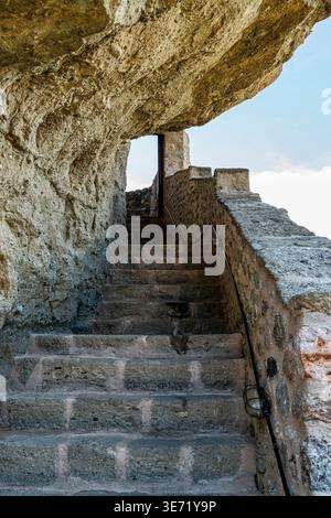 Escalier en pierre taillé dans la roche menant au monastère de la Sainte Trinité (Agia Triada) dans les Météores, en Grèce. Chemin d'accès unique mettant en évidence mona historique Banque D'Images