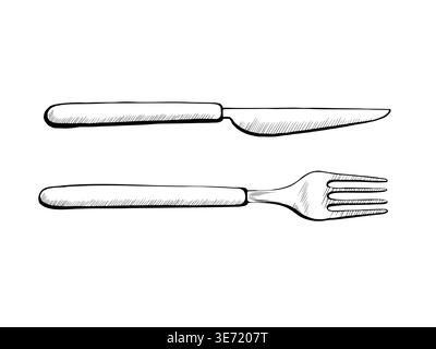Set de couverts avec couteau et fourchette en ligne vectorielle noir et blanc minimaliste Ustensiles de cuisine professionnels pour l'image de marque de l'école culinaire, la restauration Illustration de Vecteur
