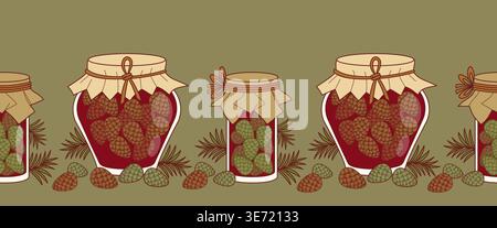 Bordure sans couture avec des pots de confiture de cône de pin sur fond vert olive. Ruban avec bouteilles en verre de sirop Ruby Red Mugolio. Robinet de Washi horizontal botanique Illustration de Vecteur
