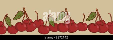 Bordure sans couture avec cerises rouges mûres et feuilles. Fond horizontal botanique. Ruban Washi classique aux fruits de l'été. Ruban botanique minimaliste. Vect Illustration de Vecteur