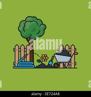 Scène de jardin avec clôture, arbre, brouette, tuyau et illustration vectorielle de patch pour la Journée nationale du jardinage le 14 avril Illustration de Vecteur