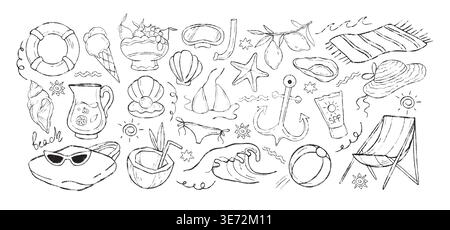 Ensemble vectoriel dessiné à la main de crayon doodle éléments côtiers. Icônes de vacances de mer d'été méditerranéennes, sac de plage d'art de craie, balle, bouée de sauvetage, vagues de l'océan, crème glacée, masque de plongée, protection solaire spf Illustration de Vecteur