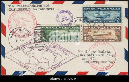 US Graf Zeppelin Airmail Cover 1930 courrier aérien de Washington DC à Lakehurst avec un jeu complet de timbres Zeppelin Banque D'Images