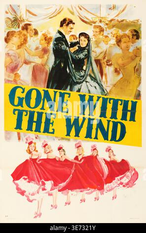 Affiche de film pour autant avec le vent (1939), Metro-Goldwyn-Mayer. Mettant en vedette Clark Gable dans le rôle de Rhett Butler et Vivien Leigh dans le rôle de Scarlett O'Hara dansant, cette illustration vintage capture une scène charnière du drame romantique bien-aimé. L'œuvre d'art vibrante promeut le film épique mettant en vedette un casting hollywoodien emblématique. Banque D'Images