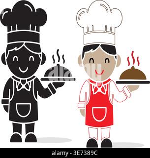 Deux chefs de dessins animés souriants ou serveurs portant des chapeaux et des tabliers, tenant des plats couverts de vapeur, l'un en silhouette et l'autre en couleur. Illustration de Vecteur