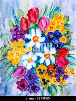 Aquarelle par Heidemarie Mayer, aquarelle de fleurs, bouquet de fleurs, bouquet de printemps, fleurs de printemps Banque D'Images