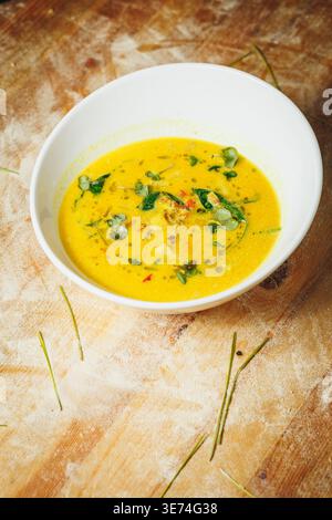 Soupe gourmande à la citrouille ou crème de soupe de légumes garnie de microverts frais et d'herbes servies dans un bol en céramique blanche sur une table en bois rustique. Banque D'Images