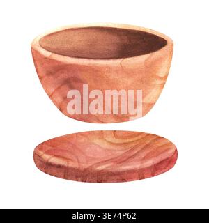 Ustensiles en bois avec un support, illustration aquarelle isolée. Illustration dessinée à la main d'ustensiles de cuisine avec une texture en bois pour la préparation de salade Banque D'Images