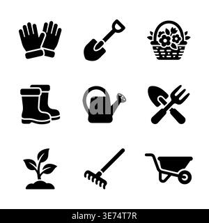 Ensemble d'icônes de jardinage, outils et équipement de jardin, style glyphe Illustration de Vecteur