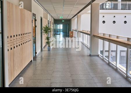 Un couloir moderne et vide dans un bâtiment de bureaux ou une institution éducative contemporaine. Le long couloir comporte des casiers ou des rangements en bois clair Banque D'Images