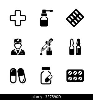 Collection d'icônes médicales et de soins de santé, style minimaliste noir et blanc Illustration de Vecteur
